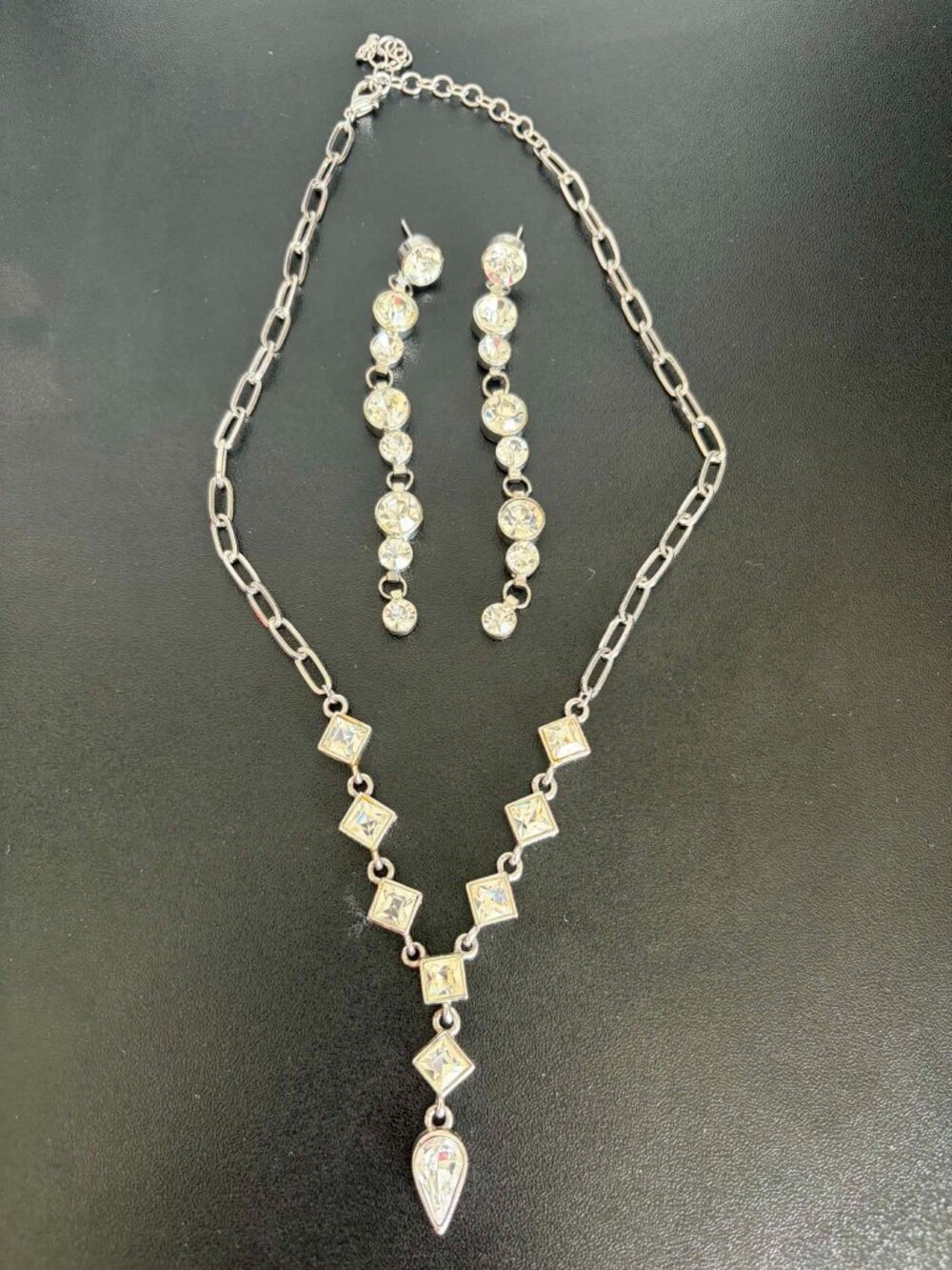 Geometric Rhinestone Necklace & Earrings Set Silver Tone Crystal